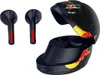 A pair of black wireless earbuds and their charging case, designed to resemble a racing helmet with Red Bull branding. Voir les images du produit