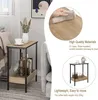 A side table with items on it, next to a sofa, with marketing text and close-up shots of the table's surface and a smaller version of the table. Produktbild-Vorschau