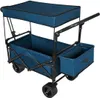 A blue foldable wagon with a canopy and a side storage compartment, shown from a diagonal angle. Voir les images du produit