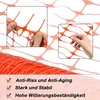 Close-up shots of orange plastic netting, demonstrating its flexibility and durability, with text highlighting its features. Náhled obrázku produktu