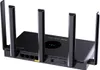 A black router with multiple antennas is shown from a rear-diagonal angle against a white background. Produktbild-Vorschau