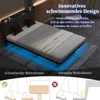 A bed with blue LED lighting underneath, shown in a bedroom setting with text overlays highlighting features. Produktbild-Vorschau