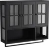 A black wall cabinet with glass doors and open shelving. Produktbild-Vorschau