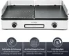 A white electric grill with a ribbed and flat plate, shown from the front with marketing icons and text below. Produktbild-Vorschau