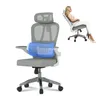 A gray ergonomic office chair with a blue lumbar support cushion, shown from the front. A second, smaller image shows a woman sitting in a similar chair. Produktbild-Vorschau