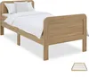 A single bed frame with white bedding and pillows, shown from a diagonal angle on a white background. Produktbild-Vorschau
