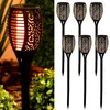 A collage showing a close-up of a solar garden torch on the left and a group of six solar garden torches on the right. Produktbild-Vorschau