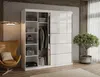 A modern bedroom or dressing room with a white sliding door wardrobe, a leather armchair, and a potted plant. Produktbild-Vorschau