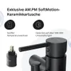 A close-up of a black faucet with accompanying diagrams and text highlighting its features. Produktbild-Vorschau