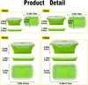 A collage of four different sizes of collapsible silicone food storage containers, each with dimensions labeled in inches and centimeters. Náhled obrázku produktu
