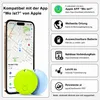 A smartphone displaying a map interface next to two small tracking devices, with feature callouts on the right. Produktbild-Vorschau