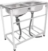 A stainless steel double sink with a metal frame and drainage pipes, shown against a white background. Podgląd zdjęcia produktu