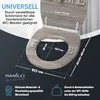 A toilet seat with dimensions and features highlighted. Produktbild-Vorschau