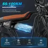 Close-up marketing image of an electric bicycle battery and frame, with feature callouts. Voir les images du produit