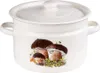 A white enamel pot with a lid, decorated with a mushroom motif. Produktbild-Vorschau