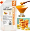 A collage of a pouch of mango puree, a glass of mango puree, and mango drinks. Podgląd zdjęcia produktu