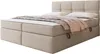 A beige upholstered boxspring bed with a headboard, mattress, and throw blanket. Náhled obrázku produktu