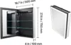 A medicine cabinet with its door open, showing shelves and a mirror, and a separate view of the cabinet from the front with its LED lights on. Dimensions are indicated. Produktbild-Vorschau