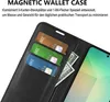 A close-up view of a black wallet phone case with credit cards and cash inserted, showing its features. Produktbild-Vorschau