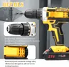 A close-up of a yellow and black cordless drill, with inset images showing details of the drill bit and ventilation holes. Produktbild-Vorschau
