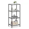 A narrow, four-tiered shelf unit with glass shelves and a metal frame, decorated with books, a small plant, and decorative items. Produktbild-Vorschau