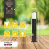 A garden light with various feature icons and dimensions displayed against a blurred natural background. Produktbild-Vorschau