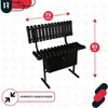 A black metal bench with a backrest and a storage compartment is shown with dimensions indicated. Produktbild-Vorschau