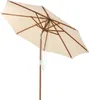 An outdoor umbrella with a wooden pole and frame, and a cream-colored canopy, shown against a white background. Produktbild-Vorschau