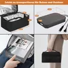 A collage of images showing a portable oven, its dimensions, how it fits into a backpack, and a person holding a carrying case. Produktbild-Vorschau