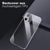 A clear phone case is shown on a dark, angled surface, with text overlay indicating it's made of high-quality TPU. Produktbild-Vorschau