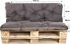 A set of grey cushions placed on wooden pallets, with dimensions indicated by arrows and numbers. Produktbild-Vorschau