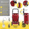 A collage of images showcasing a red shopping trolley and its features, with text descriptions and measurements. Produktbild-Vorschau