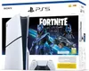 The image shows the packaging of a PlayStation 5 Slim Fortnite Bundle, featuring the console, a controller, and marketing graphics for the Fortnite game. Produktbild-Vorschau