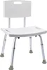 A white shower chair with a backrest and adjustable legs, shown from a front-diagonal angle against a white background. Produktbild-Vorschau