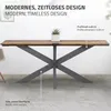 A table with a modern, industrial-style base and a wooden top, shown in a studio setting with text overlays highlighting design and dimensions. Podgląd zdjęcia produktu