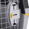 Close-up of a gray plastic lock mechanism on a wire cage, with a yellow lever. Podgląd zdjęcia produktu