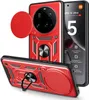 A red protective phone case with a camera cover and ring holder is shown from multiple angles, alongside a phone displaying product specifications. Produktbild-Vorschau