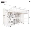 A diagram showing the dimensions of a white loft bed with integrated storage and a wardrobe. Náhled obrázku produktu