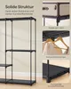 A collage showing details of a SONGMICS open wardrobe, including its structure, top shelf, hanging area, and base. Produktbild-Vorschau