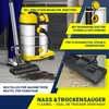 A person is using a vacuum cleaner to clean up dirt on the floor, with various features of the vacuum cleaner highlighted with text overlays. Produktbild-Vorschau