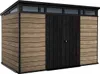 A modern garden shed with horizontal wood-effect siding and black double doors. Produktbild-Vorschau