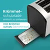 A close-up of a toaster with its crumb tray extended, showing crumbs. Text overlays highlight features. Produktbild-Vorschau