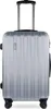 A silver hard-shell suitcase with a retractable handle and wheels, shown from the front.