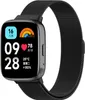 A smartwatch with a black Milanese loop band is shown against a white background. The watch face displays the time, date, heart rate, temperature, and battery percentage. Produktbild-Vorschau