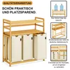 A multi-panel image showcasing a bamboo laundry sorter with three fabric bins and two shelves, along with illustrative graphics highlighting its features and construction. Anteprima dell’immagine prodotto