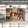 A wooden bookshelf filled with various items, with text overlays highlighting features and dimensions. Náhled obrázku produktu