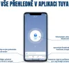 A smartphone displaying the Tuya app interface with feature callouts. Produktbild-Vorschau