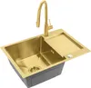 A gold kitchen sink with a faucet and a draining board, set against a white background. Produktbild-Vorschau