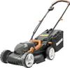 A black and orange electric lawnmower is shown against a white background. Produktbild-Vorschau