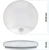 A product shot of a white LED outdoor light with a motion sensor, shown from two angles with dimensions indicated. Produktbild-Vorschau
